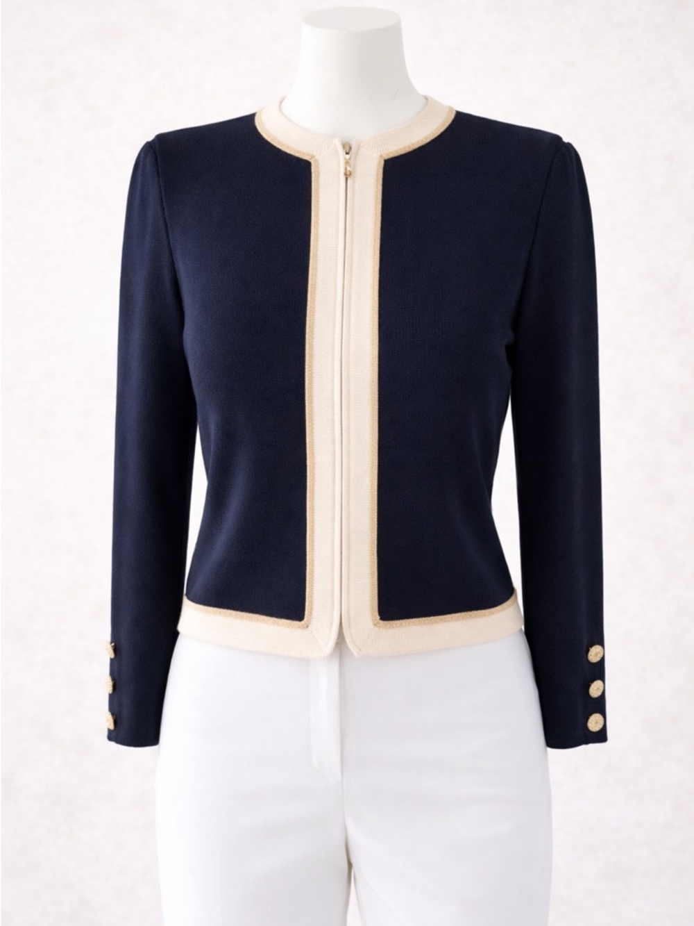 St John Santana Knit Jacket Navy Cream Trim Gold Zip Size 2